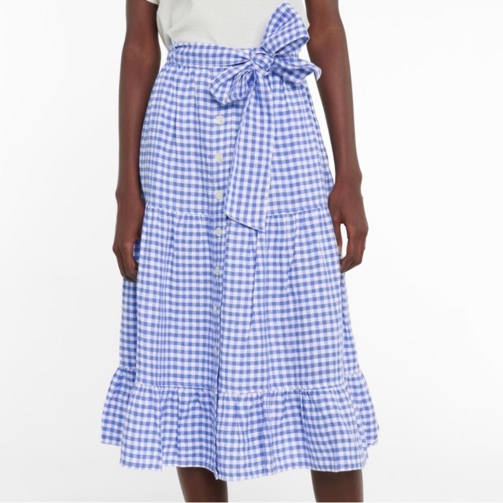 NWT Polo Ralph Lauren Linen Gingham Tiered Midi Skirt Blue/White - Picture 2 of 9